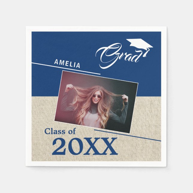 Rustic Navy Blue Graduate Photo Graduation Party  Napkin (Front)