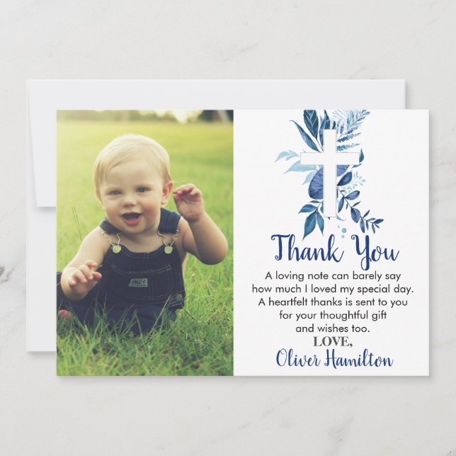 Rustic Navy Blue Greenery Cross Boy Baptism Photo Thank You Card (Front)
