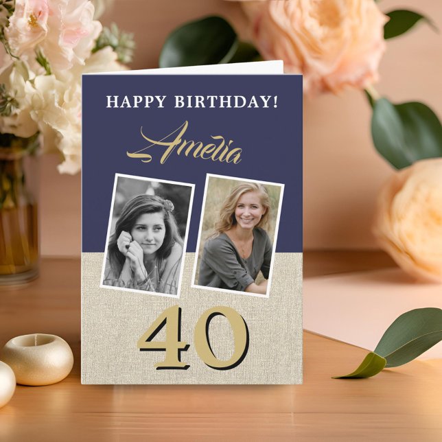 Rustic Navy Blue Happy 40th Birthday 2 Photos Card (Creator Uploaded)