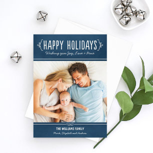 Rustic Navy Blue Happy Holidays Handwritten Photo Holiday Card