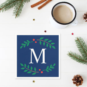 Rustic Navy Blue Holiday Laurel Wreath Monogram Napkin