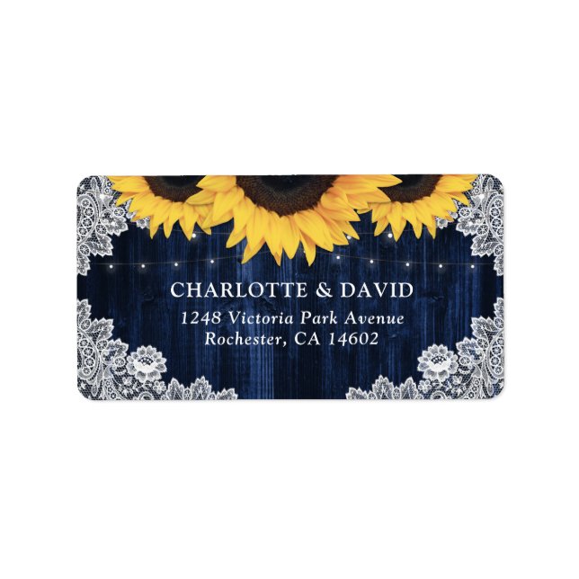 Rustic Navy Blue Lace Sunflower Address Labels (Front)