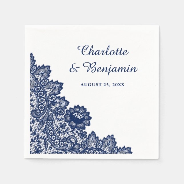 Rustic Navy Blue Lace Wedding Napkins (Front)
