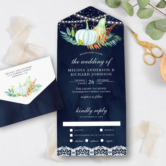 Rustic Navy Blue Lace White Pumpkins Fall Wedding All In One Invitation (Creator Uploaded)