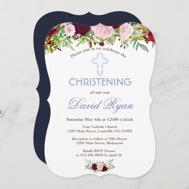 Rustic Navy Blue Marsala Floral Christening Invitation (Front/Back)