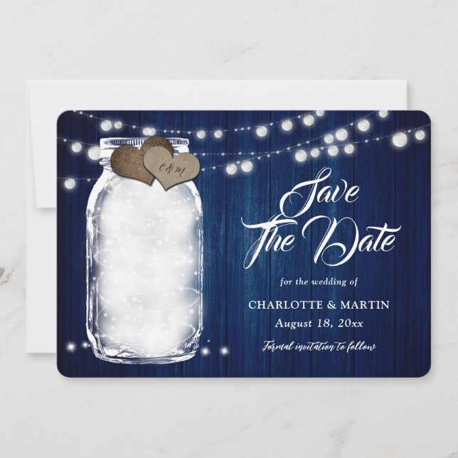 Rustic Navy Blue Mason Jar String Lights Wedding Save The Date (Front)