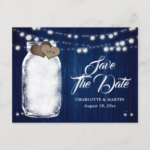 Rustic Navy Blue Mason Jar Wedding Save The Date Announcement Postcard