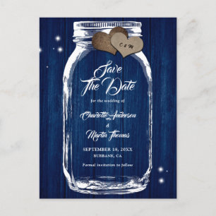 Rustic Navy Blue Mason Jar Wedding Save The Date Announcement Postcard