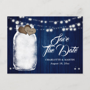 Rustic Navy Blue Mason Jar Wedding Save The Date Announcement Postcard