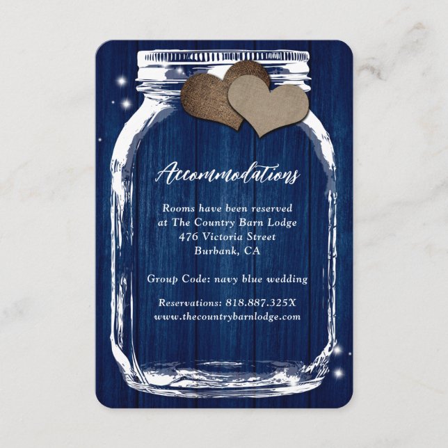 Rustic Navy Blue Mason Jar Wood Accommodation Card (Front)