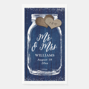 Rustic Navy Blue Mason Jar Wood Mr. & Mrs. Wedding Napkin