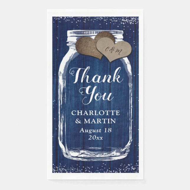 Rustic Navy Blue Mason Jar Wood Thank You Wedding Napkin (Front)