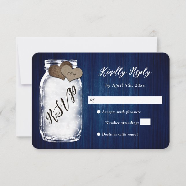 Rustic Navy Blue Mason Jar Wood Wedding RSVP Card (Front)
