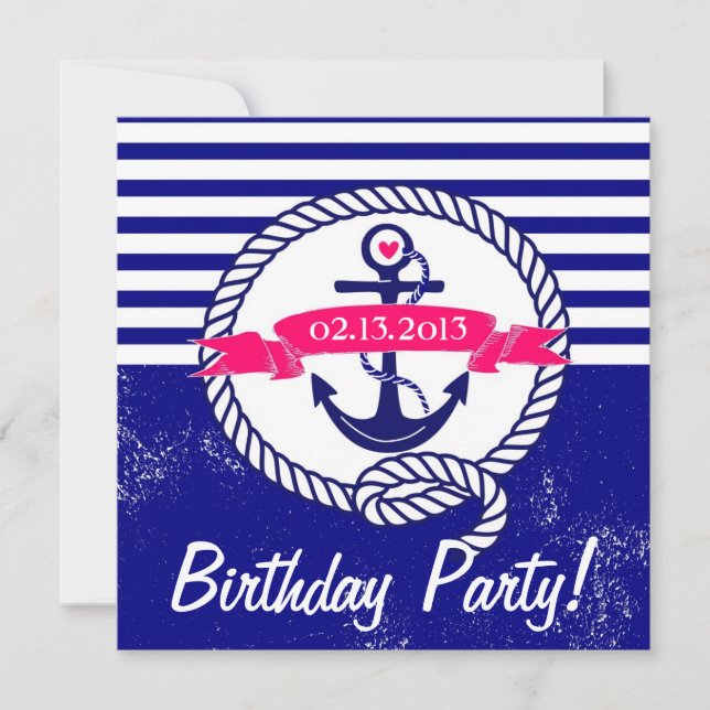 Rustic Navy Blue Nautical Birthday Invitation (Front)