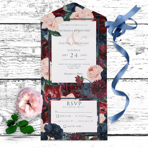 Rustic Navy Blue Peach & Burgundy Floral Dinner All In One Invitation