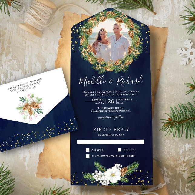 Rustic Navy Blue Pine Cone Photo Christmas Wedding All In One Invitation (Creator Uploaded)
