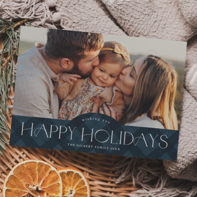 Rustic Navy Blue Plaid 2 Photo Happy Holiday Card (Rustic navy blue plaid 3 photo holiday card.)