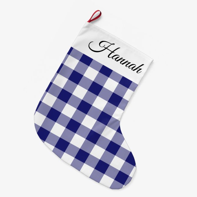 Rustic Navy Blue Plaid  Large Christmas Stocking (Front (Hanging))