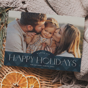 Rustic Navy Blue Plaid Photo Holiday Postcard