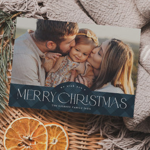 Rustic Navy Blue Plaid Photo Merry Christmas Holiday Postcard