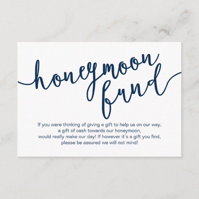 Rustic Navy Blue Script, Wedding Honeymoon Fund Enclosure Card (Front)