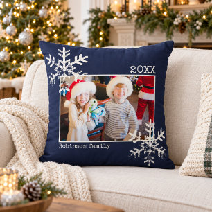 Rustic Navy Blue Snowflakes Family Photo Christmas Cushion