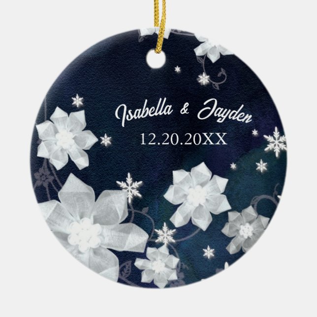 Rustic Navy Blue Snowy Winter Wedding Keepsake Ceramic Tree Decoration (Front)