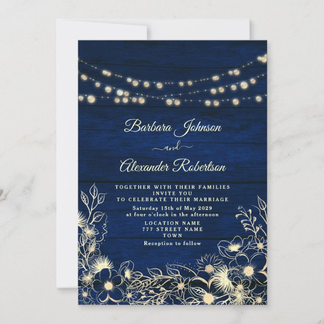 Rustic Navy Blue String Lights Floral Wedding Invitation (Front)