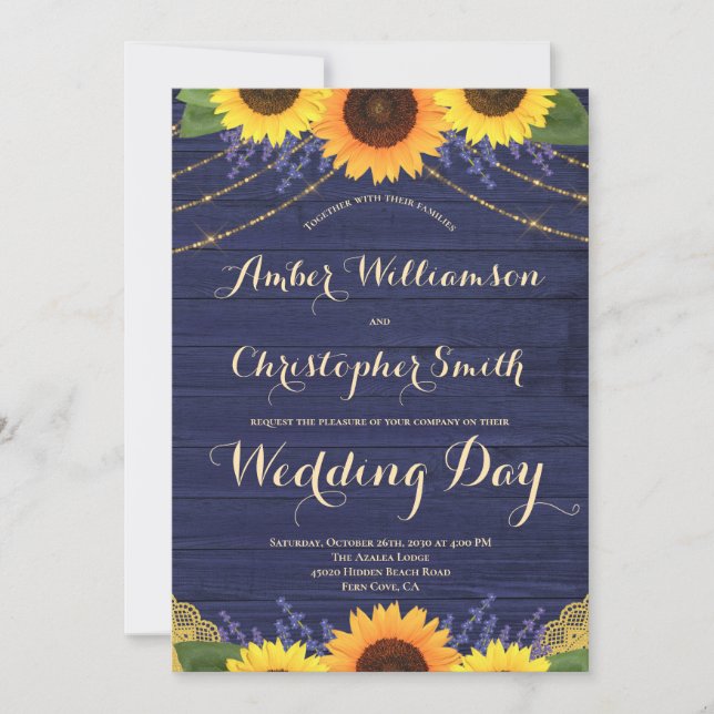 Rustic Navy Blue String Lights Sunflower Wedding Invitation (Front)