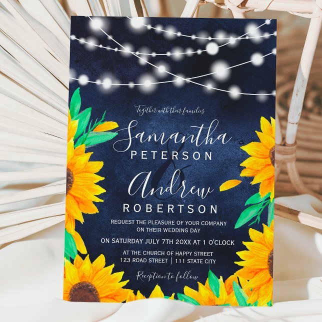 Rustic navy blue string lights sunflowers wedding invitation (Creator Uploaded)