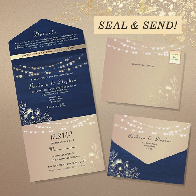 Rustic Navy Blue String Lights Wedding All In One Invitation (Creator Uploaded)