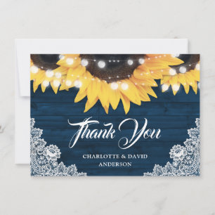 Rustic Navy Blue Sunflower Barn Wood Lace Wedding Thank You Card