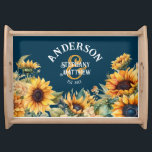 Rustic Navy Blue Sunflower Custom Wedding Gift Serving Tray<br><div class="desc">Celebrate the newlyweds' special day with this charming Rustic Navy Blue Sunflower Custom Wedding Gift Serving Tray. This unique piece combines the traditional beauty of sunflowers with a touch of rustic elegance in a stunning navy blue hue. The personalised design allows you to customise the tray with the names of...</div>
