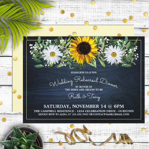 Rustic Navy Blue Sunflower Daisy Rehearsal Dinner Invitation