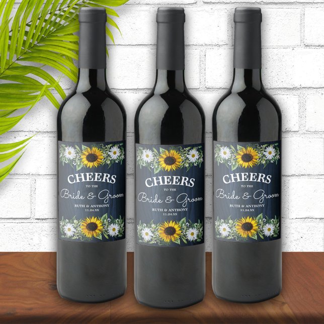 Rustic Navy Blue Sunflower|Daisy Wedding Wine Label (Creator Uploaded)