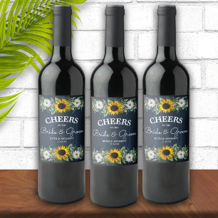 Rustic Navy Blue Sunflower Daisy Wedding Wine Label