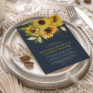 Rustic Navy Blue Sunflower & Gold Confetti Wedding Invitation