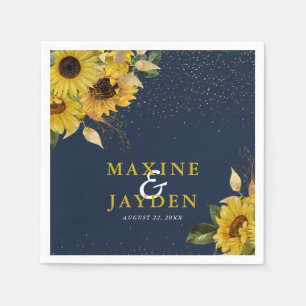 Rustic Navy Blue Sunflower & Gold Confetti Wedding Napkin