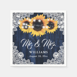 Rustic Navy Blue Sunflower Lace Mr and Mrs Wedding Napkin