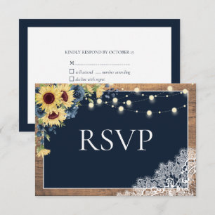Rustic Navy Blue Sunflower Lace Wood Wedding RSVP Card