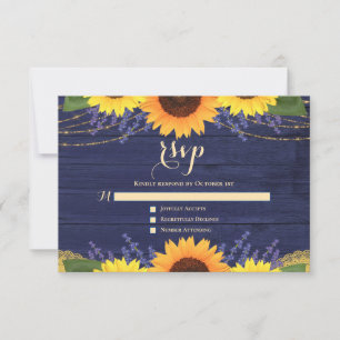 Rustic Navy Blue Sunflower Lavender Wedding RSVP Card