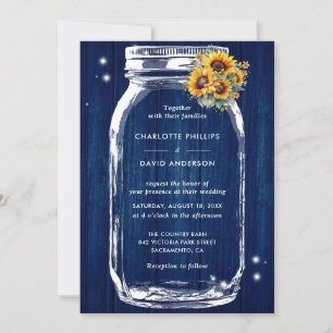 Rustic Navy Blue Sunflower Mason Jar Wedding Invitation