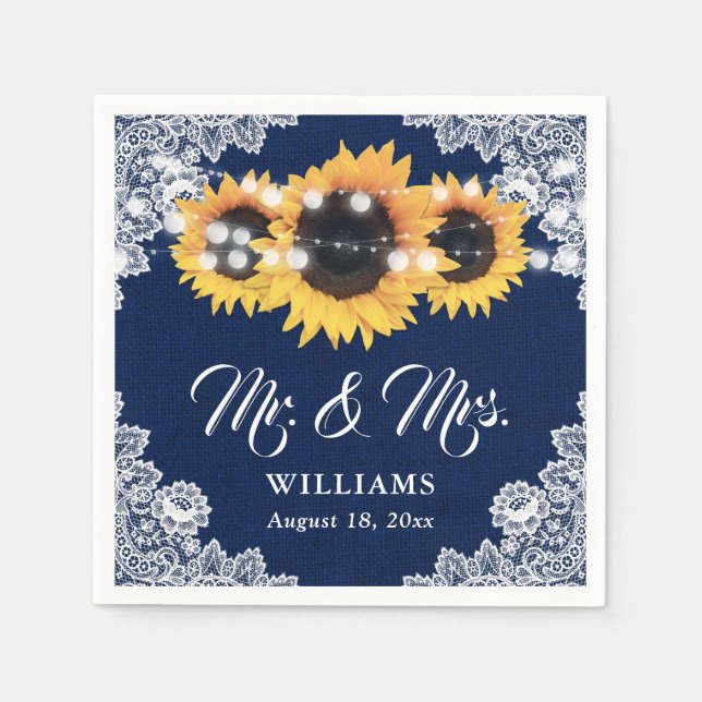 Rustic Navy Blue Sunflower Mr and Mrs Wedding Napkin (Front)
