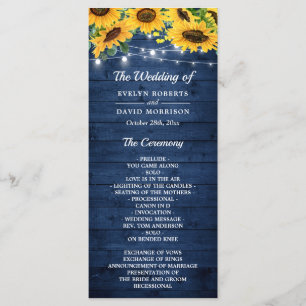 Rustic Navy Blue Sunflower String Lights Wedding Programme