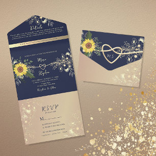 Rustic Navy Blue Sunflower Wedding All In One Invitation