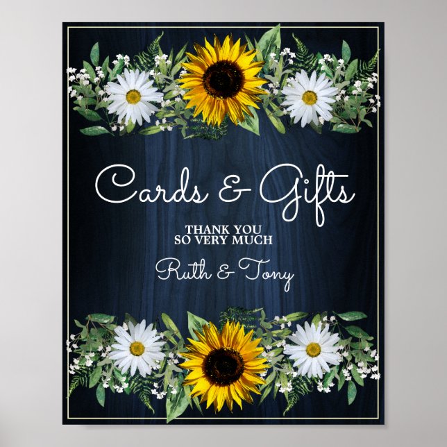 Rustic Navy Blue Sunflower Wedding Cards & Gifts Poster (Front)