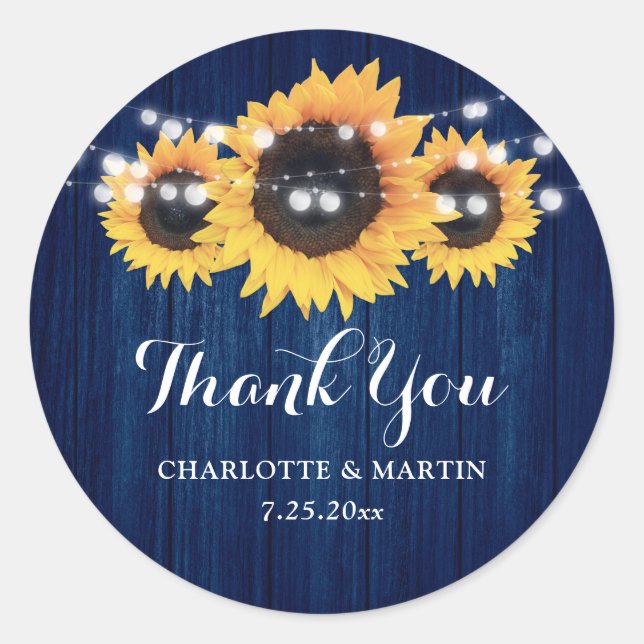 Rustic Navy Blue Sunflower Wedding Favour Classic Round Sticker (Front)