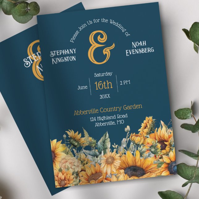 Rustic Navy Blue Sunflower Wedding Invitation (Elegant Navy Blue Rustic Sunflower and Ampersand Wedding Invitation)