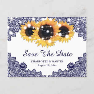 Rustic Navy Blue Sunflower Wedding Save The Date Announcement Postcard
