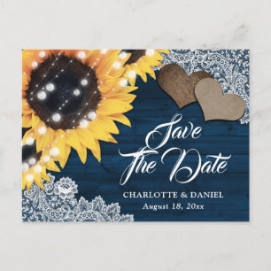 Rustic Navy Blue Sunflower Wedding Save The Date Announcement Postcard